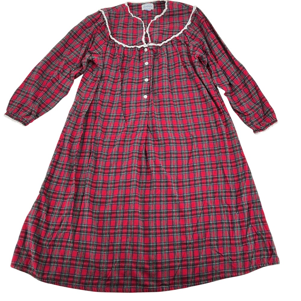 Lanz of Salzburg Nightgown Womens M Red Plaid Cotton Flannel Lace Trim Cozy